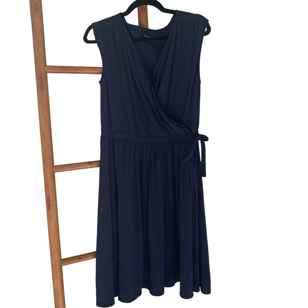 Garnet Hill Dress Knee Length Sleeveless Faux Wrap Surplice Neck Navy Size Small